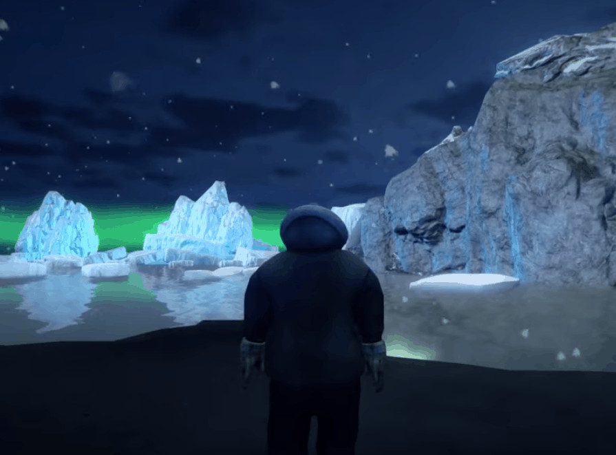 Man standing in northern lights in middle of screen